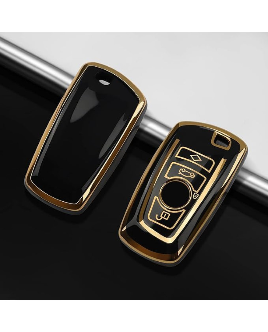 keycare TPU Key Cover For BMW : X4, X3, 5 Series, 6 Series, 3 Series, 7 Series 4 Button Smart Key T1  | TP58 Gold Black